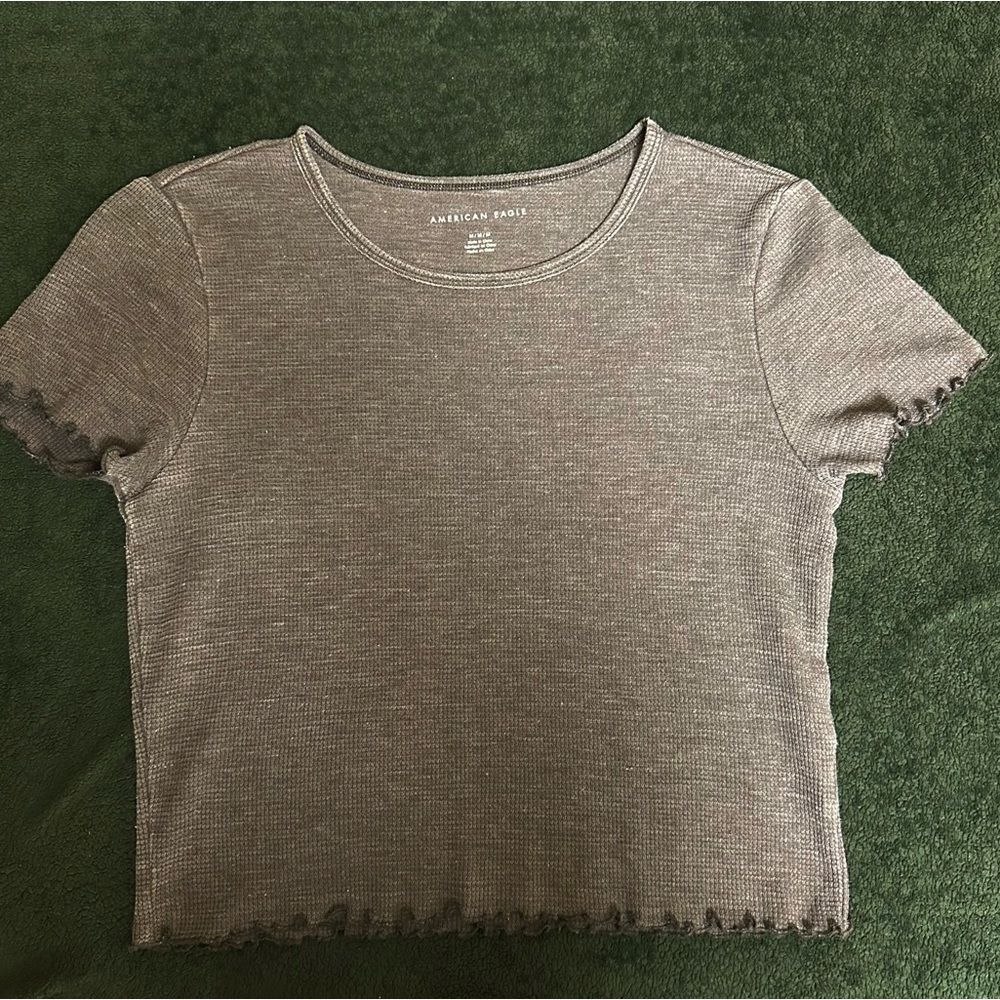 American Eagle Grey Acid Wash Waffle Crop Top